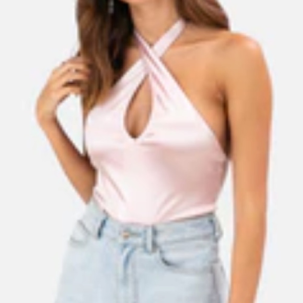 adika cross front tie neck halter silk bodysuit pink xs